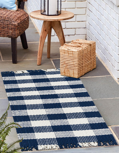 Washable Navy Blue 2' 7 x 10' Eco Plaid Indoor Outdoor Washable Runner Area Rug Easy to Clean Stain Resistant & Durable Weather Resistant for Patio, Deck, Terrace, Balcony, Porch 100% Recycled Plastic Bottles Carpet Mat for Sale at Rug Engine
