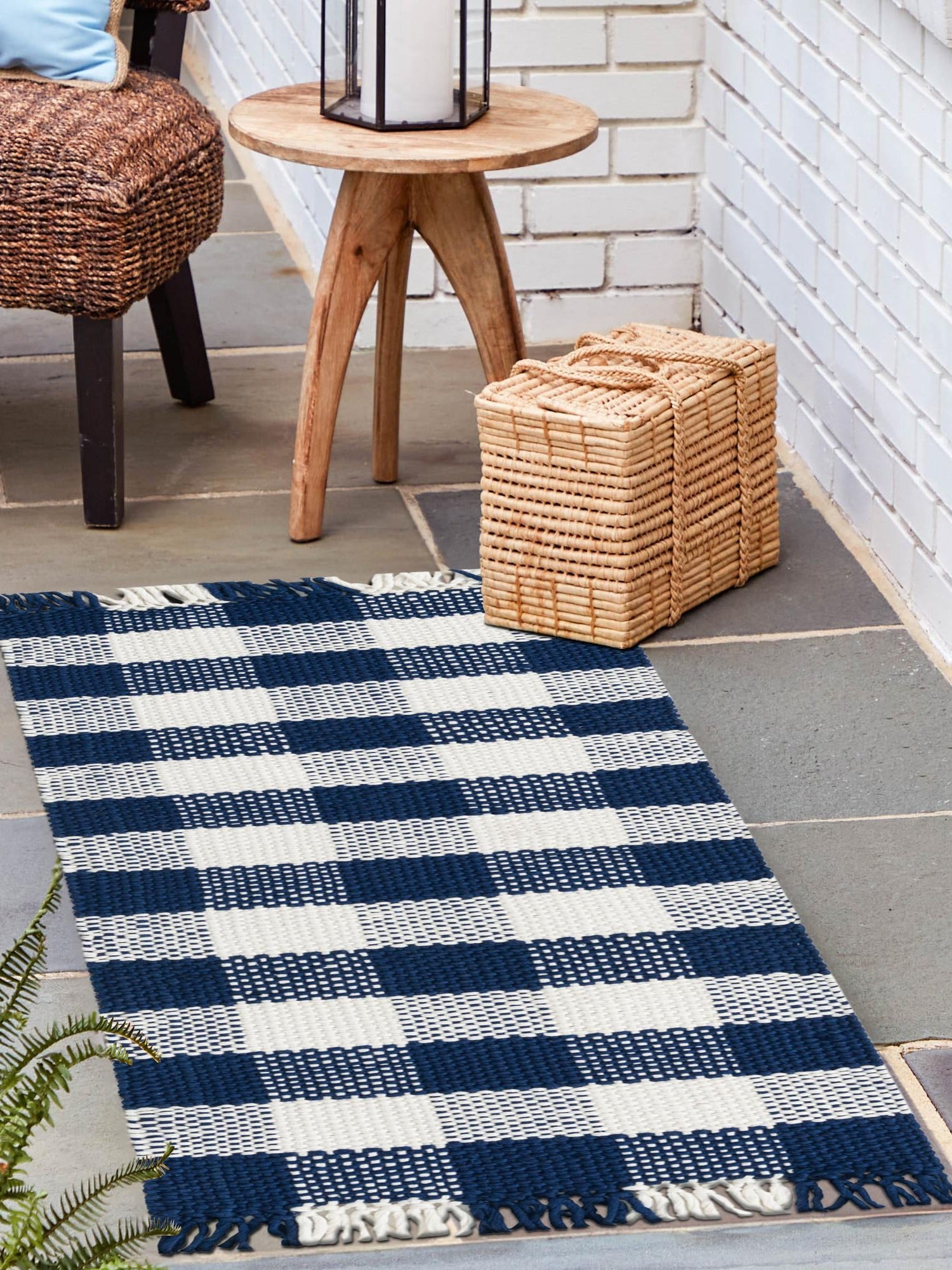 Washable Navy Blue 2' x 6' 1 Eco Plaid Indoor Outdoor Washable Runner Area Rug Easy to Clean Stain Resistant & Durable Weather Resistant for Patio, Deck, Terrace, Balcony, Porch 100% Recycled Plastic Bottles Carpet Mat for Sale at Rug Engine