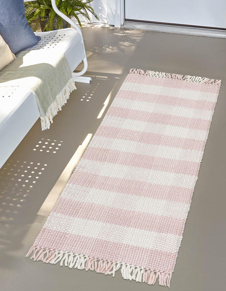 Washable Pink 2' x 8' Eco Plaid Indoor Outdoor Washable Runner Area Rug Easy to Clean Stain Resistant & Durable Weather Resistant for Patio, Deck, Terrace, Balcony, Porch 100% Recycled Plastic Bottles Carpet Mat for Sale at Rug Engine
