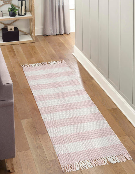 Washable Pink 2' 7 x 10' Eco Plaid Indoor Outdoor Washable Runner Area Rug Easy to Clean Stain Resistant & Durable Weather Resistant for Patio, Deck, Terrace, Balcony, Porch 100% Recycled Plastic Bottles Carpet Mat for Sale at Rug Engine