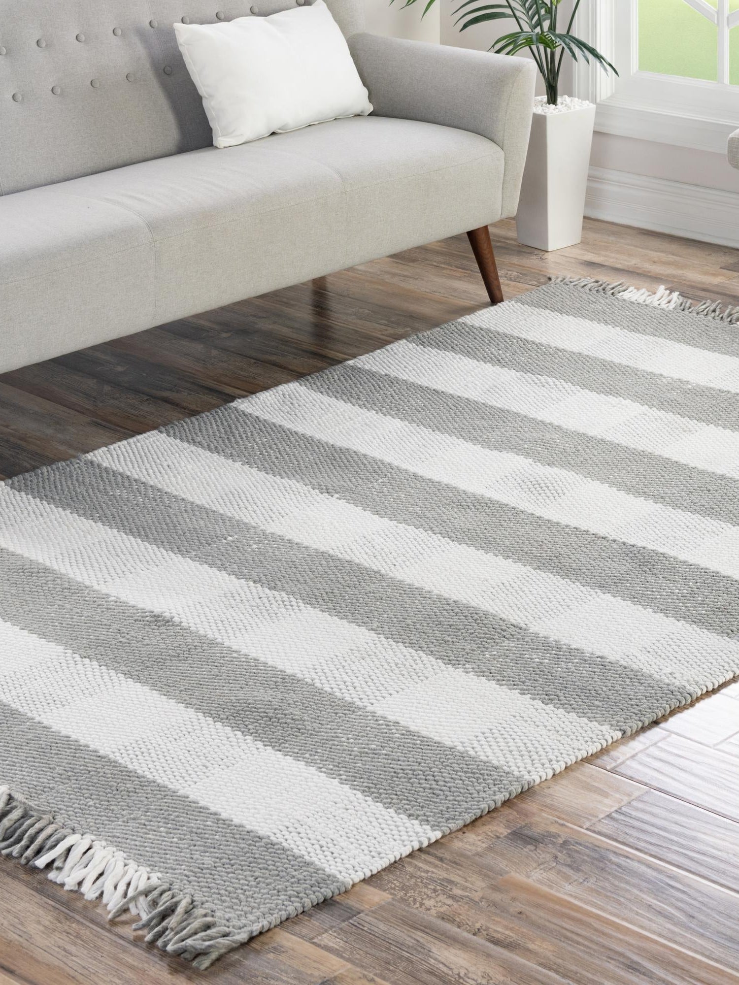 Washable Gray 5' 3 x 8' Eco Plaid Indoor Outdoor Washable Rectangle Area Rug Easy to Clean Stain Resistant & Durable Weather Resistant for Patio, Deck, Terrace, Balcony, Porch 100% Recycled Plastic Bottles Carpet Mat for Sale at Rug Engine
