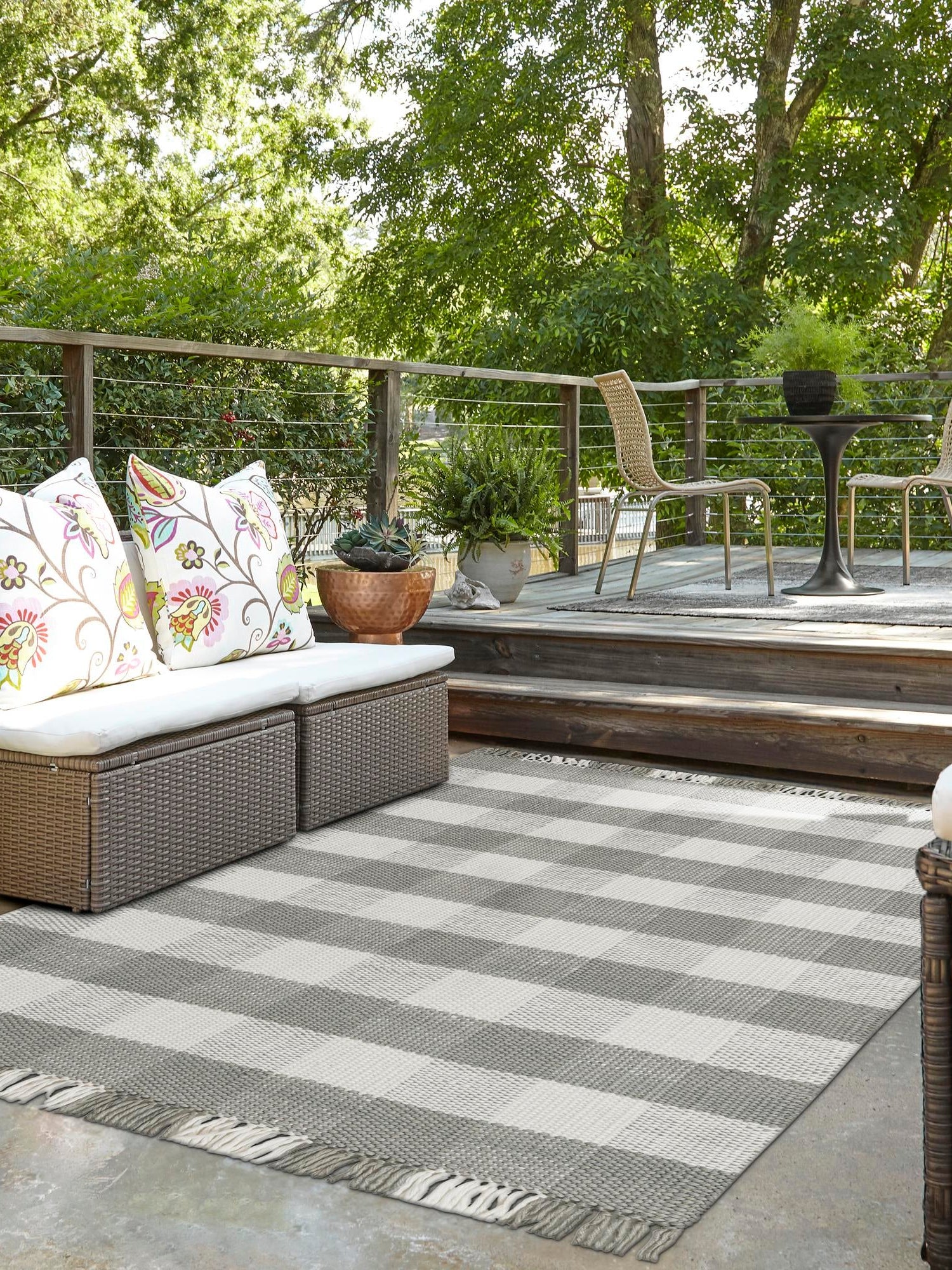 Washable Gray 5' 3 x 8' Eco Plaid Indoor Outdoor Washable Rectangle Area Rug Easy to Clean Stain Resistant & Durable Weather Resistant for Patio, Deck, Terrace, Balcony, Porch 100% Recycled Plastic Bottles Carpet Mat for Sale at Rug Engine
