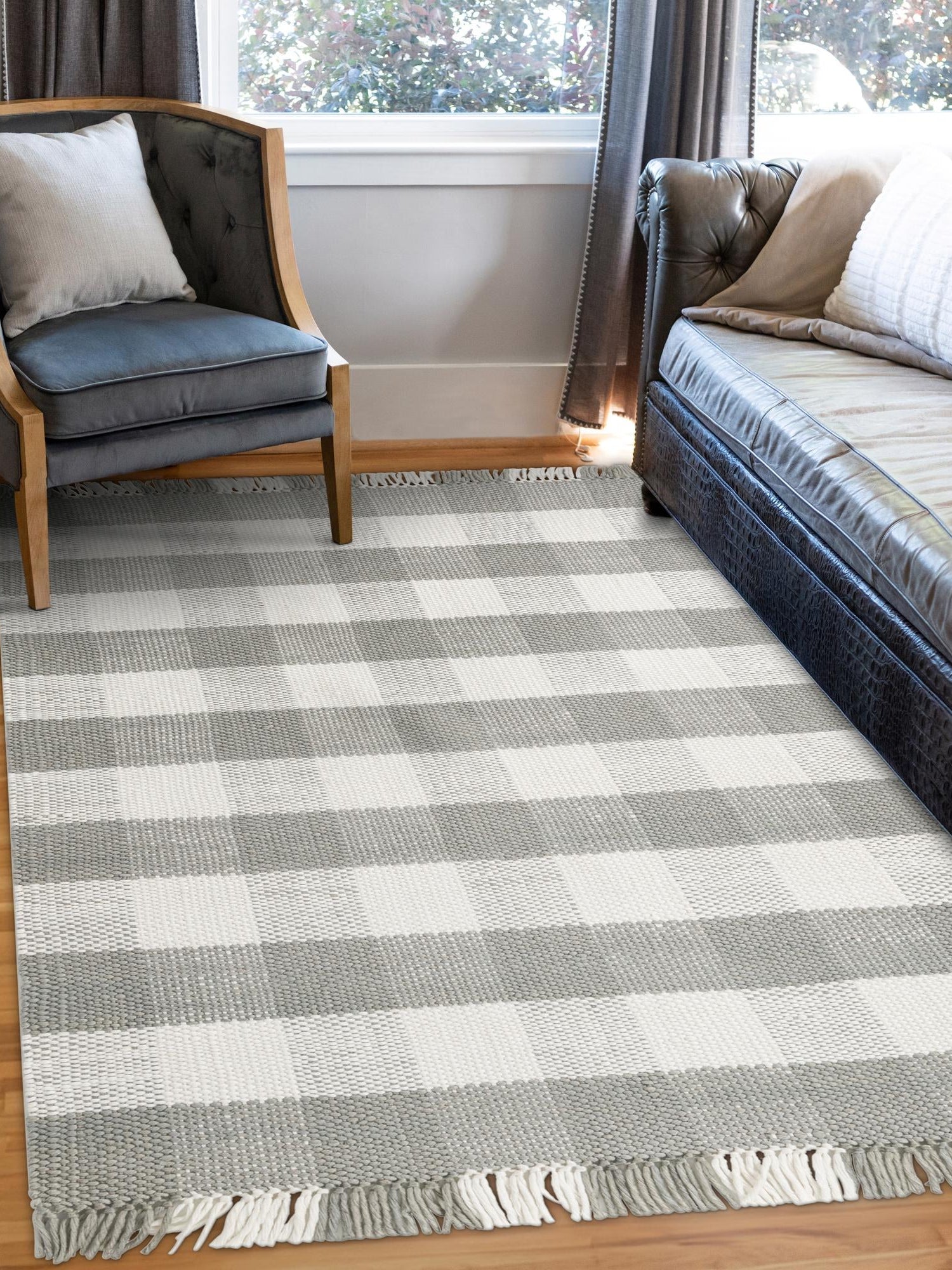 Washable Gray 7' 10 x 10' Eco Plaid Indoor Outdoor Washable Rectangle Area Rug Easy to Clean Stain Resistant & Durable Weather Resistant for Patio, Deck, Terrace, Balcony, Porch 100% Recycled Plastic Bottles Carpet Mat for Sale at Rug Engine