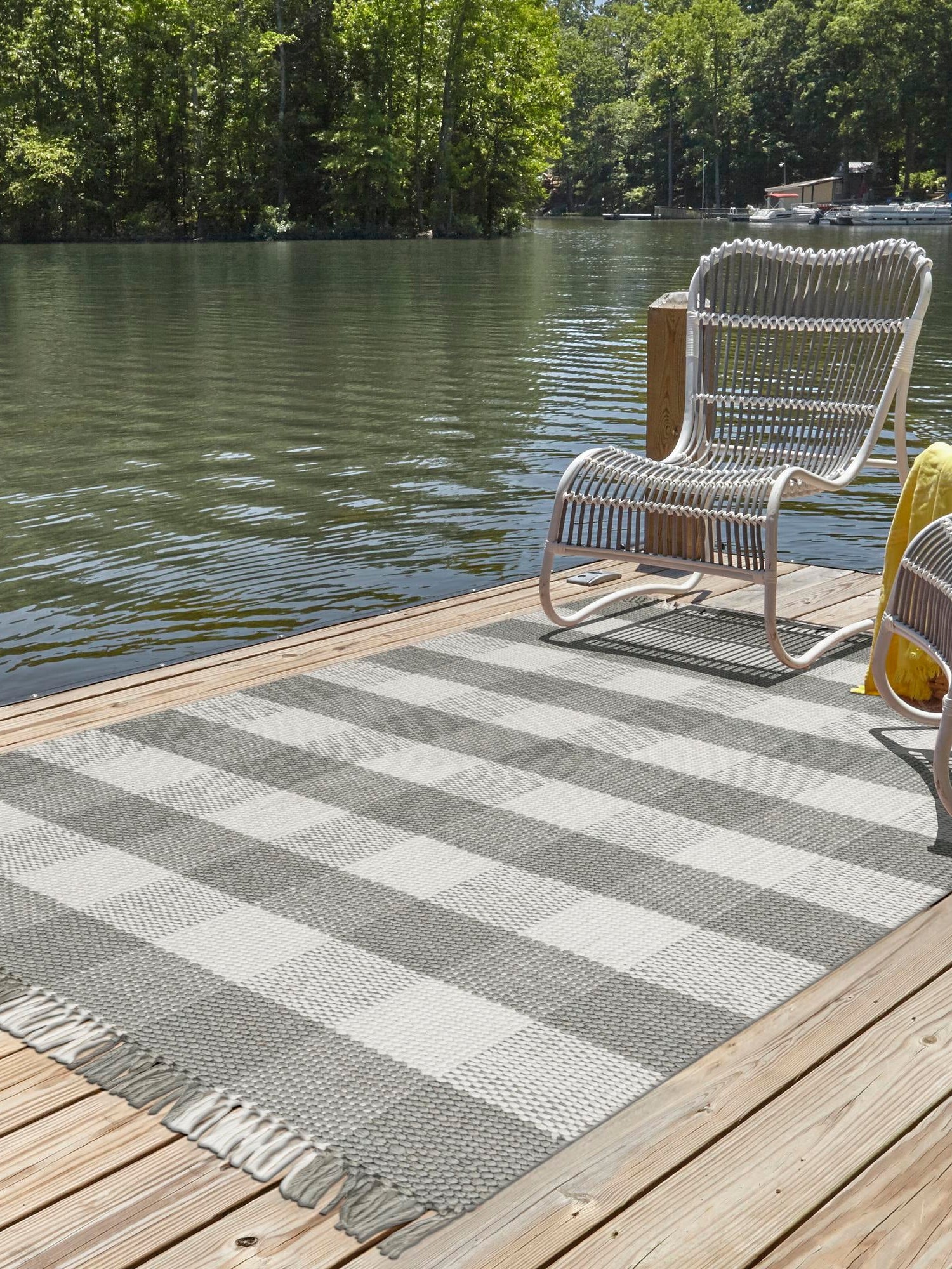 Washable Gray 5' 3 x 8' Eco Plaid Indoor Outdoor Washable Rectangle Area Rug Easy to Clean Stain Resistant & Durable Weather Resistant for Patio, Deck, Terrace, Balcony, Porch 100% Recycled Plastic Bottles Carpet Mat for Sale at Rug Engine