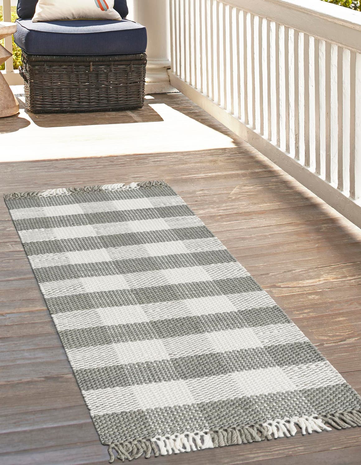 Washable Gray 2' 7 x 10' Eco Plaid Indoor Outdoor Washable Runner Area Rug Easy to Clean Stain Resistant & Durable Weather Resistant for Patio, Deck, Terrace, Balcony, Porch 100% Recycled Plastic Bottles Carpet Mat for Sale at Rug Engine