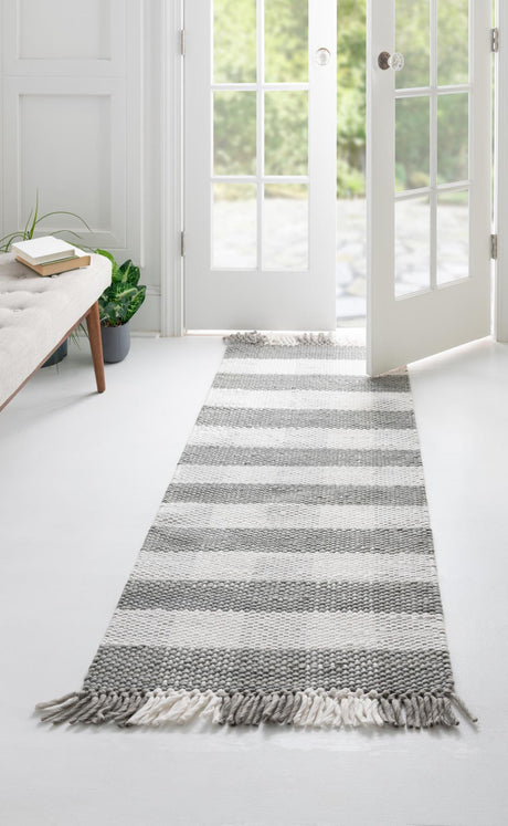 Washable Gray 2' x 8' Eco Plaid Indoor Outdoor Washable Runner Area Rug Easy to Clean Stain Resistant & Durable Weather Resistant for Patio, Deck, Terrace, Balcony, Porch 100% Recycled Plastic Bottles Carpet Mat for Sale at Rug Engine