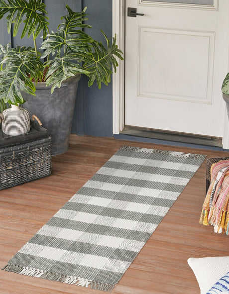 Washable Gray 2' x 8' Eco Plaid Indoor Outdoor Washable Runner Area Rug Easy to Clean Stain Resistant & Durable Weather Resistant for Patio, Deck, Terrace, Balcony, Porch 100% Recycled Plastic Bottles Carpet Mat for Sale at Rug Engine