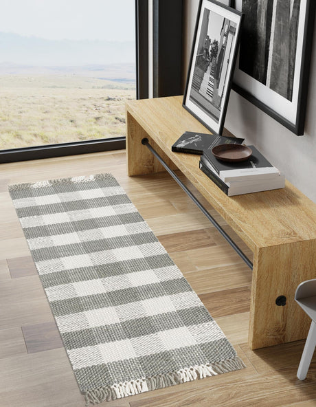 Washable Gray 2' 7 x 10' Eco Plaid Indoor Outdoor Washable Runner Area Rug Easy to Clean Stain Resistant & Durable Weather Resistant for Patio, Deck, Terrace, Balcony, Porch 100% Recycled Plastic Bottles Carpet Mat for Sale at Rug Engine