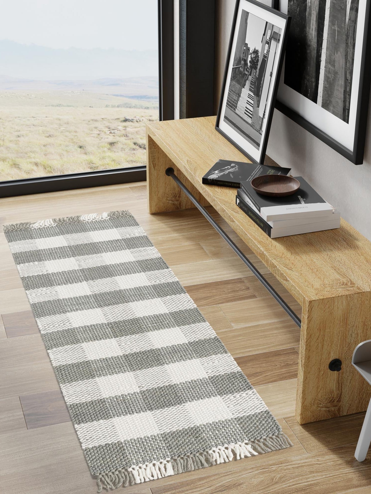 Washable Gray 2' x 8' Eco Plaid Indoor Outdoor Washable Runner Area Rug Easy to Clean Stain Resistant & Durable Weather Resistant for Patio, Deck, Terrace, Balcony, Porch 100% Recycled Plastic Bottles Carpet Mat for Sale at Rug Engine