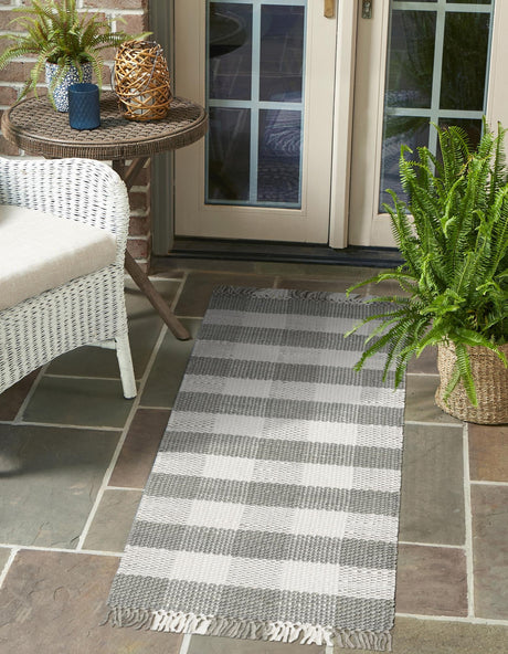Washable Gray 2' 7 x 10' Eco Plaid Indoor Outdoor Washable Runner Area Rug Easy to Clean Stain Resistant & Durable Weather Resistant for Patio, Deck, Terrace, Balcony, Porch 100% Recycled Plastic Bottles Carpet Mat for Sale at Rug Engine