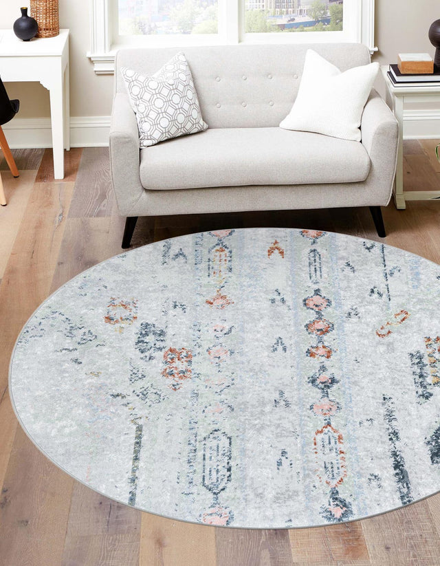 Washable Ivory Gray 5' 3 x 5' 3 Kamala Washable Round Area Rug Easy to Clean Stain Resistant & Durable 100% Polyester Spill-Friendly Carpet for Sale at Rug Engine