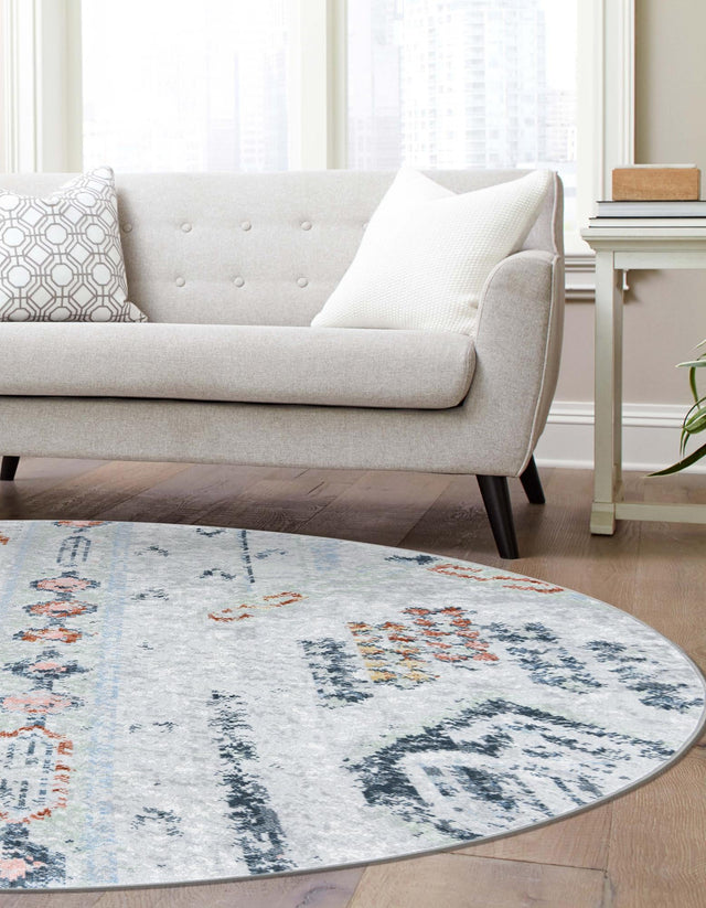 Washable Ivory Gray 5' 3 x 5' 3 Kamala Washable Round Area Rug Easy to Clean Stain Resistant & Durable 100% Polyester Spill-Friendly Carpet for Sale at Rug Engine