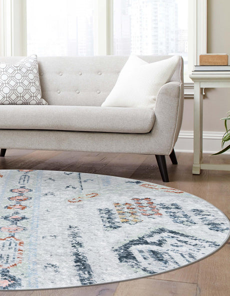 Washable Ivory Gray 3' 3 x 3' 3 Kamala Washable Round Area Rug Easy to Clean Stain Resistant & Durable 100% Polyester Spill-Friendly Carpet for Sale at Rug Engine