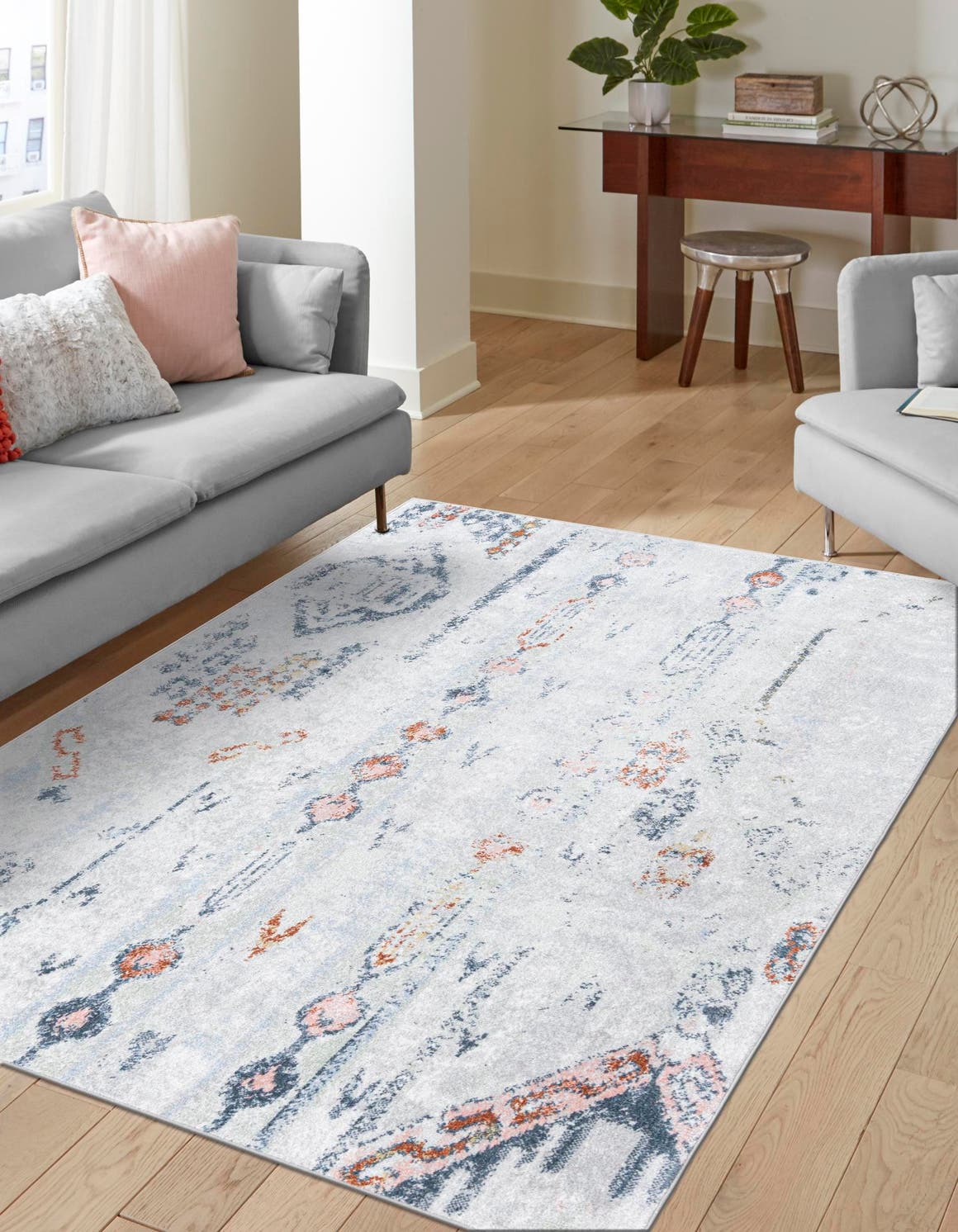 Washable Ivory Gray 6' 1 x 9' Kamala Washable Rectangle Area Rug Easy to Clean Stain Resistant & Durable 100% Polyester Spill-Friendly Carpet for Sale at Rug Engine