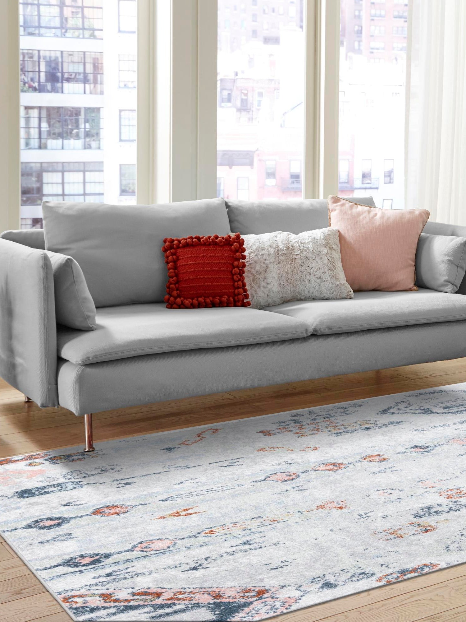 Washable Ivory Gray 5' 3 x 8' Kamala Washable Rectangle Area Rug Easy to Clean Stain Resistant & Durable 100% Polyester Spill-Friendly Carpet for Sale at Rug Engine