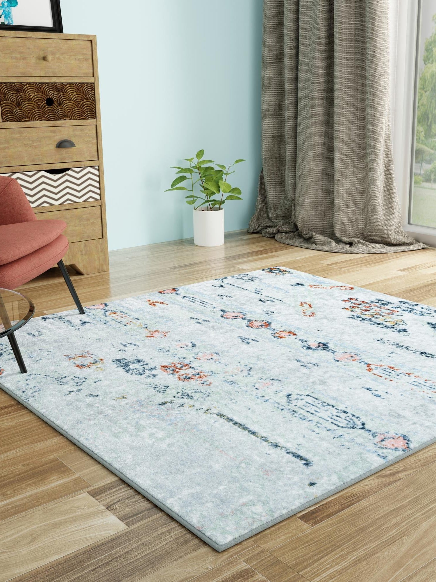 Washable Ivory Gray 5' 3 x 5' 3 Kamala Washable Square Area Rug Easy to Clean Stain Resistant & Durable 100% Polyester Spill-Friendly Carpet for Sale at Rug Engine