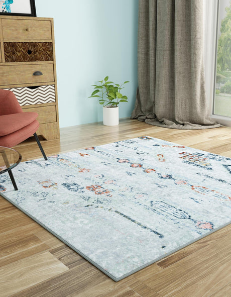 Washable Ivory Gray 5' 3 x 5' 3 Kamala Washable Square Area Rug Easy to Clean Stain Resistant & Durable 100% Polyester Spill-Friendly Carpet for Sale at Rug Engine