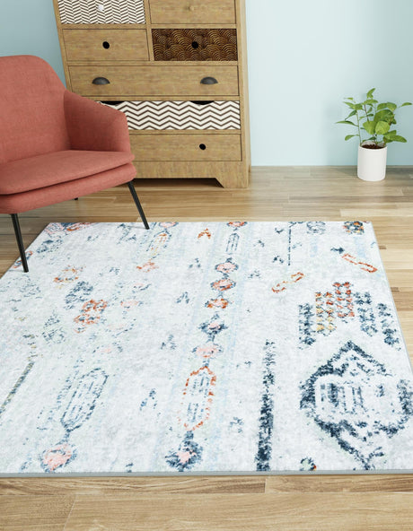 Washable Ivory Gray 7' 10 x 7' 10 Kamala Washable Square Area Rug Easy to Clean Stain Resistant & Durable 100% Polyester Spill-Friendly Carpet for Sale at Rug Engine