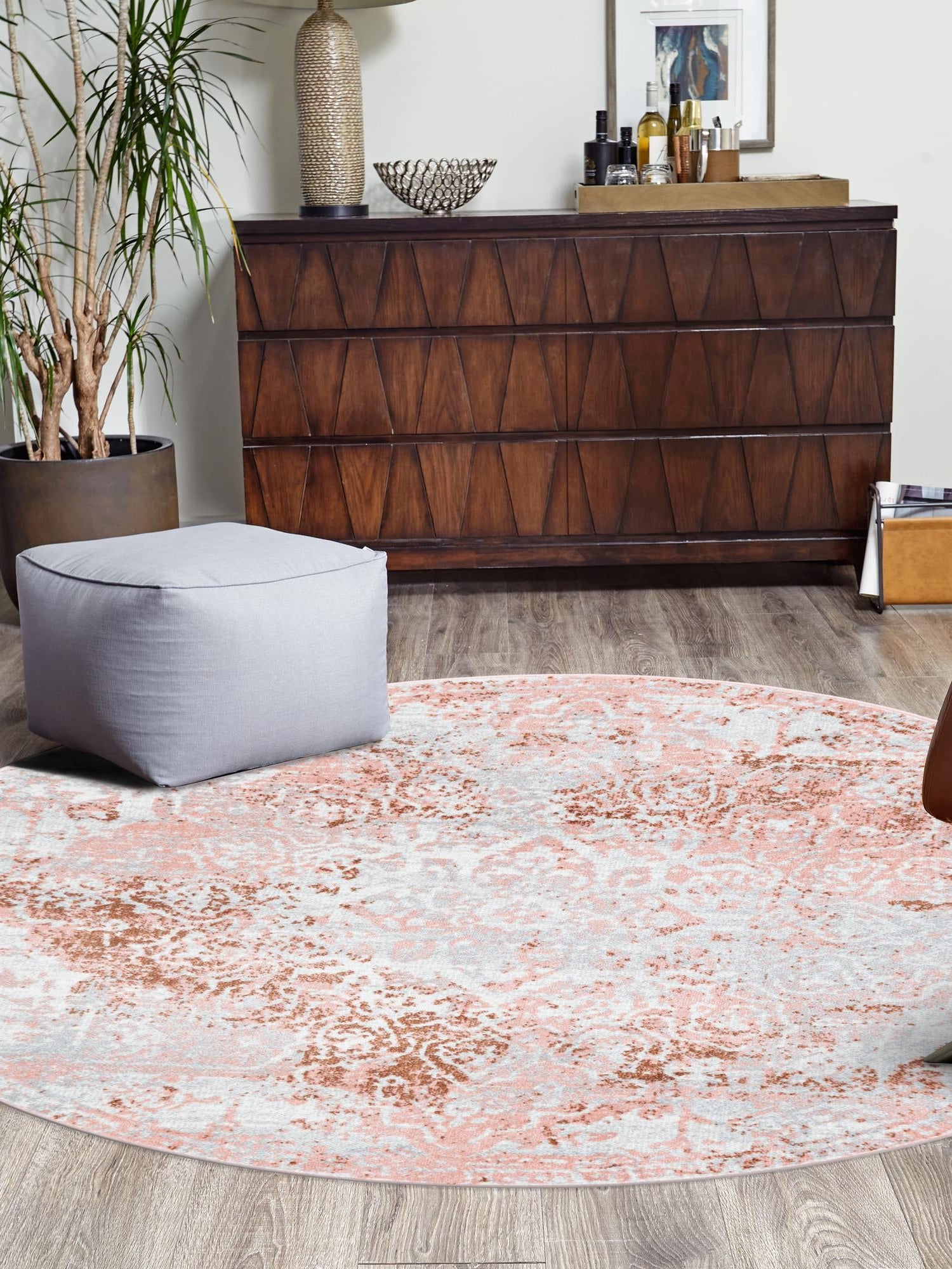 Washable Rose Pink 5' 3 x 5' 3 Kamala Washable Round Area Rug Easy to Clean Stain Resistant & Durable 100% Polyester Spill-Friendly Carpet for Sale at Rug Engine