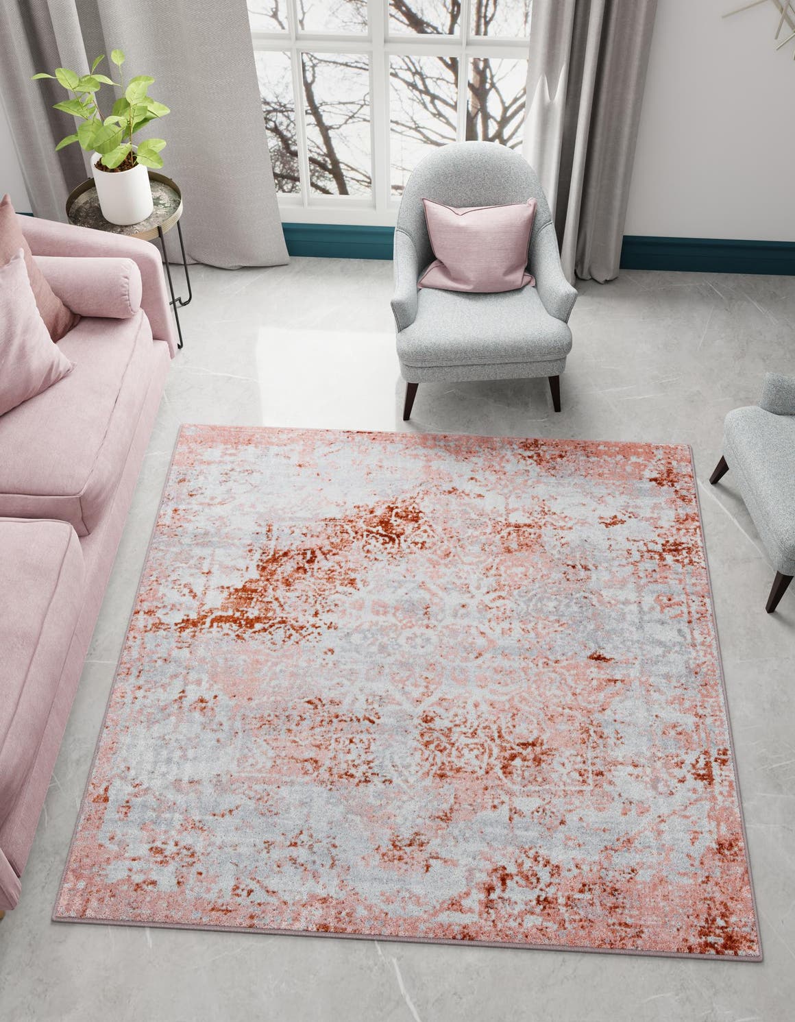 Washable Rose Pink 7' 10 x 7' 10 Kamala Washable Square Area Rug Easy to Clean Stain Resistant & Durable 100% Polyester Spill-Friendly Carpet for Sale at Rug Engine