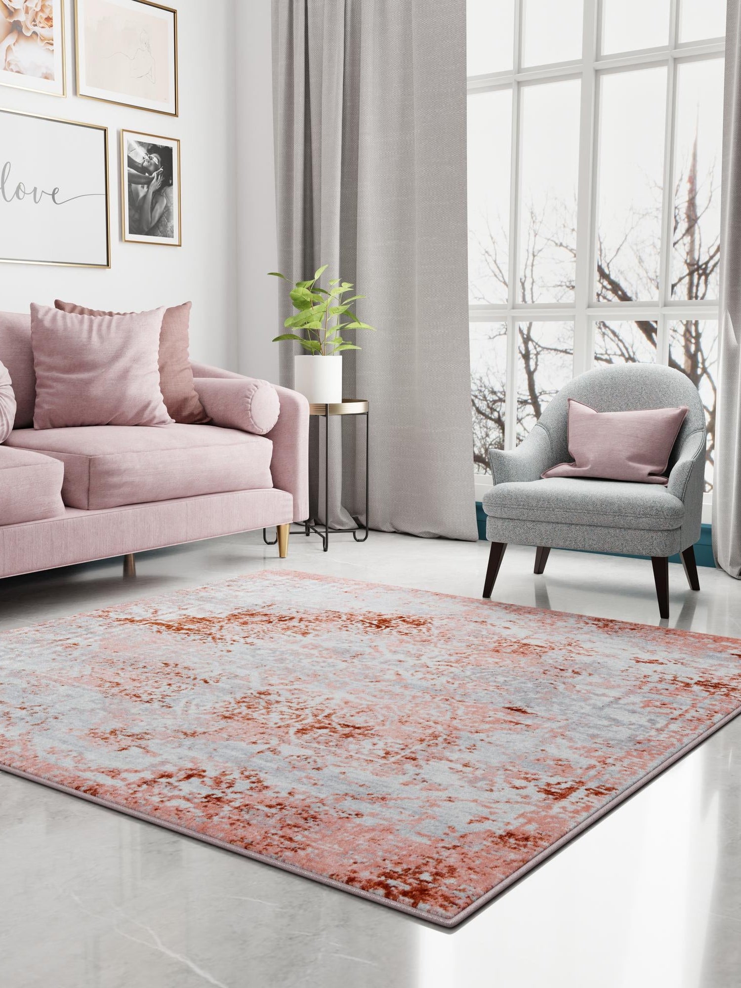 Washable Rose Pink 5' 3 x 5' 3 Kamala Washable Square Area Rug Easy to Clean Stain Resistant & Durable 100% Polyester Spill-Friendly Carpet for Sale at Rug Engine