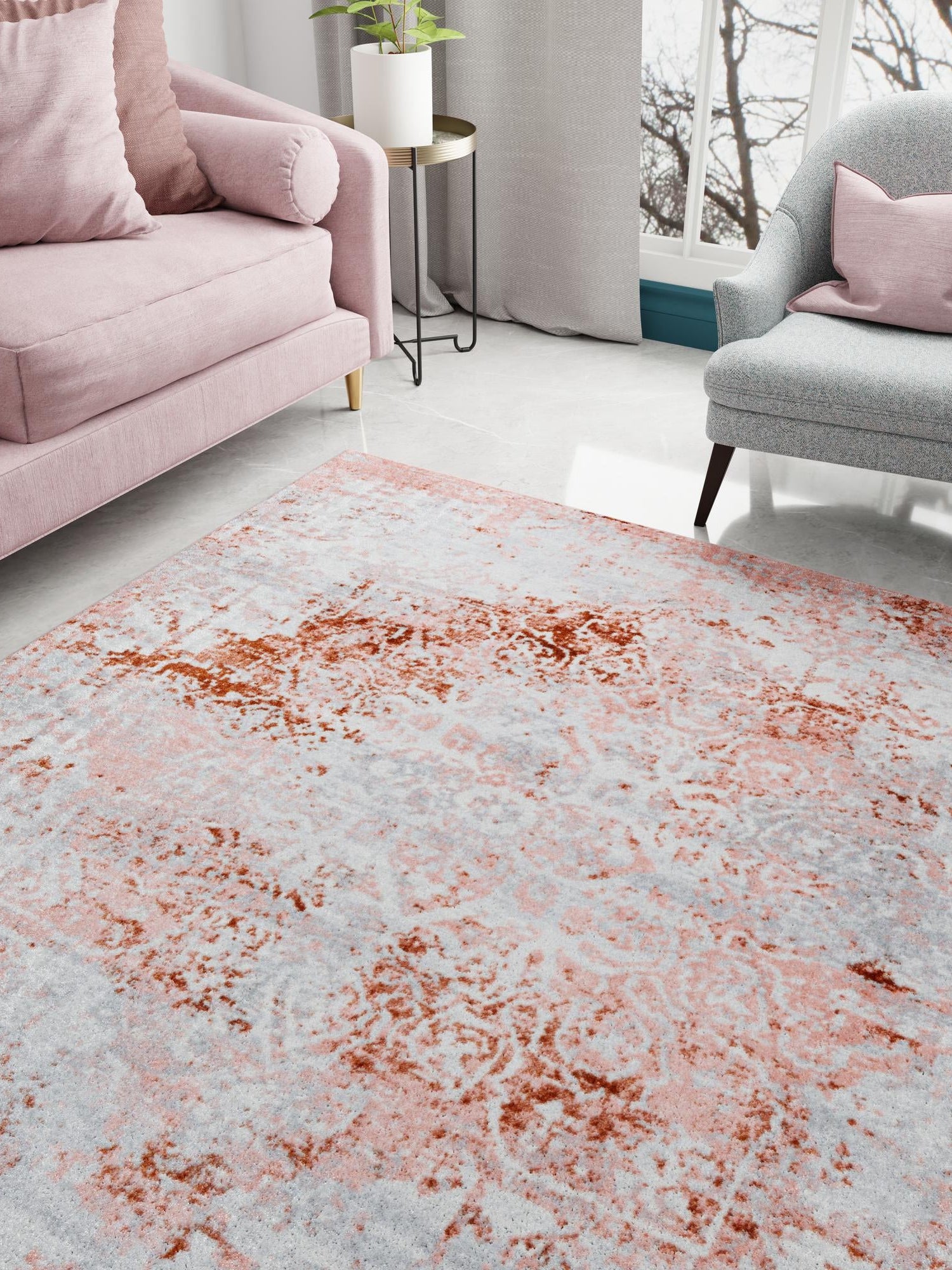 Washable Rose Pink 5' 3 x 5' 3 Kamala Washable Square Area Rug Easy to Clean Stain Resistant & Durable 100% Polyester Spill-Friendly Carpet for Sale at Rug Engine