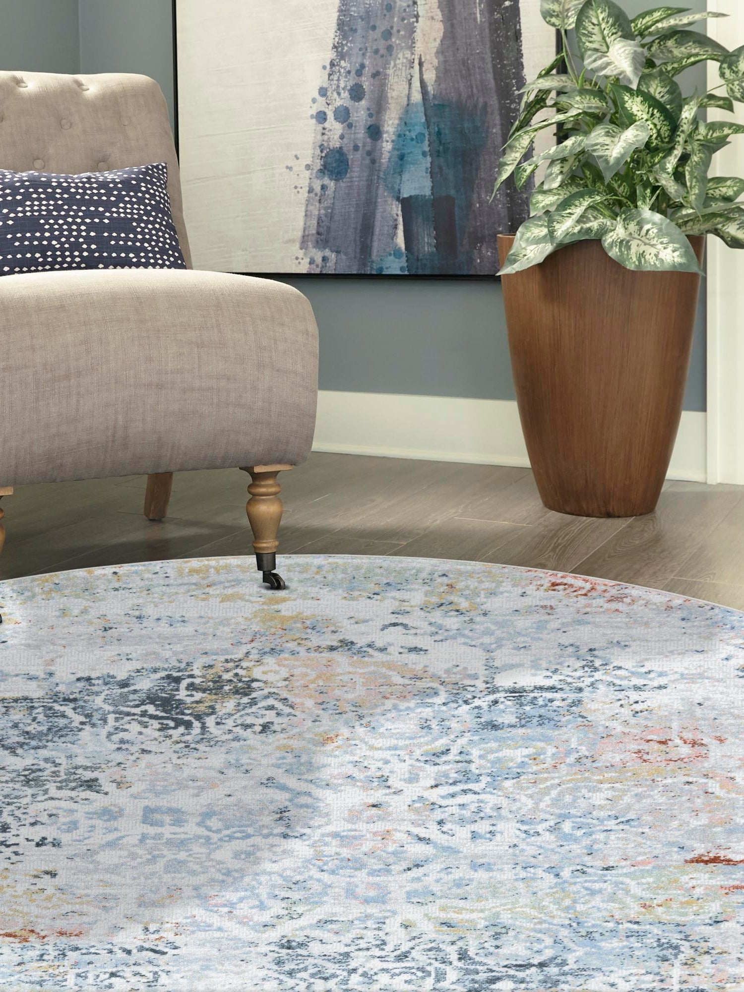 Washable Multicolor 3' 3 x 3' 3 Kamala Washable Round Area Rug Easy to Clean Stain Resistant & Durable 100% Polyester Spill-Friendly Carpet for Sale at Rug Engine