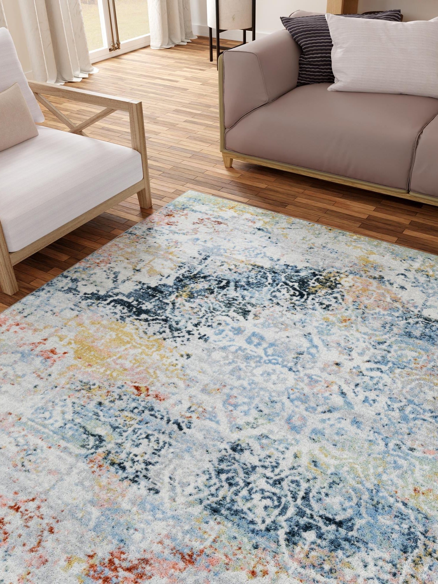 Washable Multicolor 5' 3 x 5' 3 Kamala Washable Square Area Rug Easy to Clean Stain Resistant & Durable 100% Polyester Spill-Friendly Carpet for Sale at Rug Engine