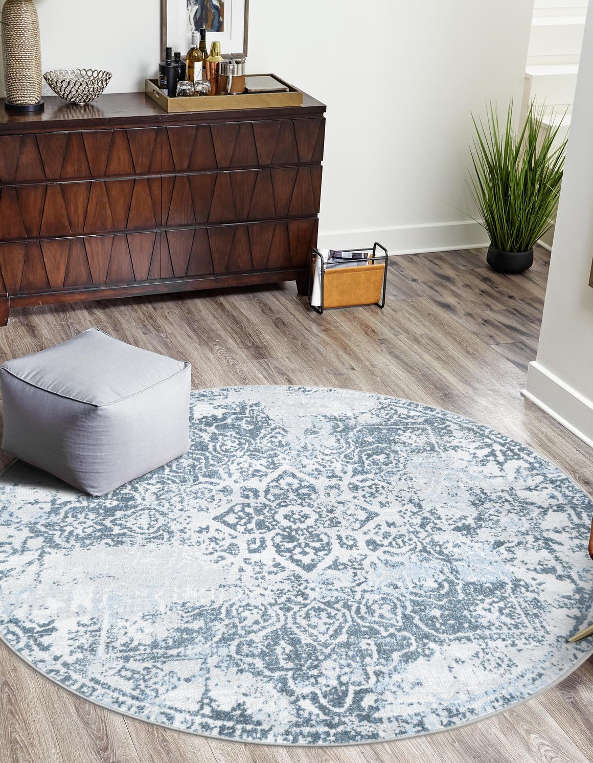 Washable Navy Blue 7' 10 x 7' 10 Kamala Washable Round Area Rug Easy to Clean Stain Resistant & Durable 100% Polyester Spill-Friendly Carpet for Sale at Rug Engine