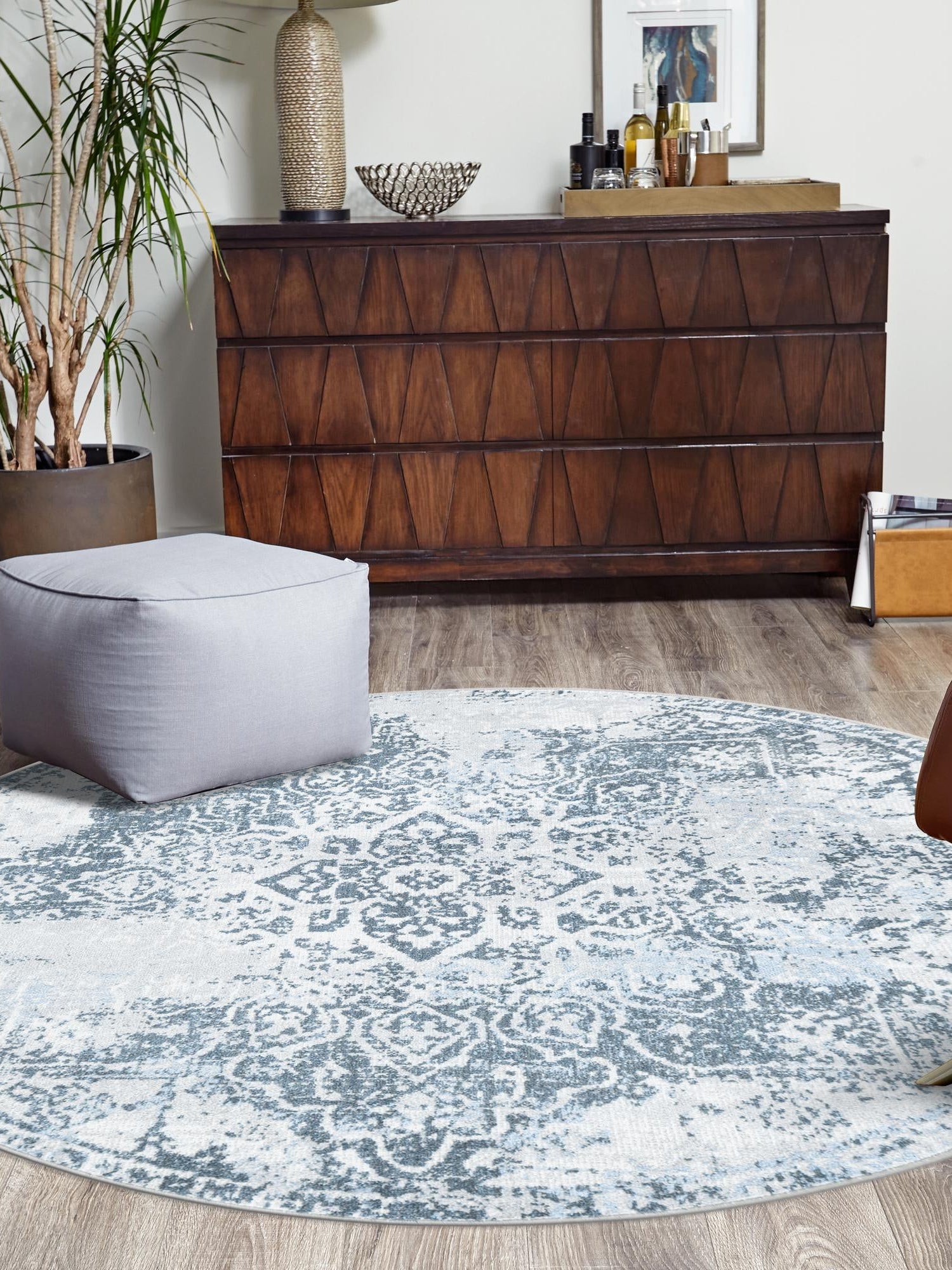 Washable Navy Blue 5' 3 x 5' 3 Kamala Washable Round Area Rug Easy to Clean Stain Resistant & Durable 100% Polyester Spill-Friendly Carpet for Sale at Rug Engine
