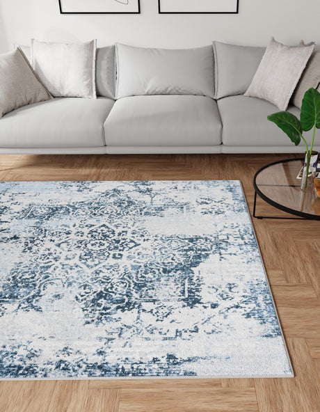 Washable Navy Blue 7' 10 x 7' 10 Kamala Washable Square Area Rug Easy to Clean Stain Resistant & Durable 100% Polyester Spill-Friendly Carpet for Sale at Rug Engine