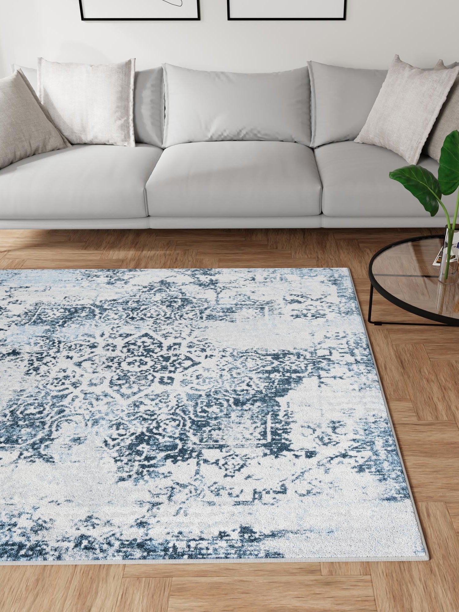 Washable Navy Blue 5' 3 x 5' 3 Kamala Washable Square Area Rug Easy to Clean Stain Resistant & Durable 100% Polyester Spill-Friendly Carpet for Sale at Rug Engine