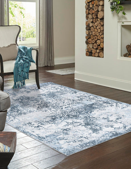 Washable Navy Blue 6' 1 x 9' Kamala Washable Rectangle Area Rug Easy to Clean Stain Resistant & Durable 100% Polyester Spill-Friendly Carpet for Sale at Rug Engine