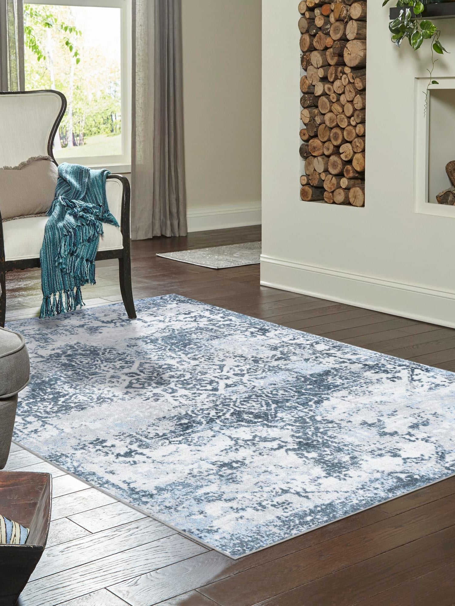 Washable Navy Blue 2' x 3' 1 Kamala Washable Rectangle Area Rug Easy to Clean Stain Resistant & Durable 100% Polyester Spill-Friendly Carpet for Sale at Rug Engine