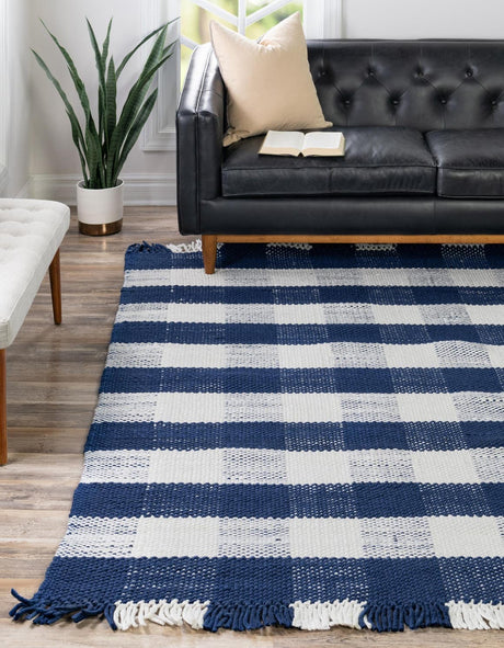 Washable Navy Blue 7' 10 x 7' 10 Eco Plaid Indoor Outdoor Washable Square Area Rug Easy to Clean Stain Resistant & Durable Weather Resistant for Patio, Deck, Terrace, Balcony, Porch 100% Recycled Plastic Bottles Carpet Mat for Sale at Rug Engine