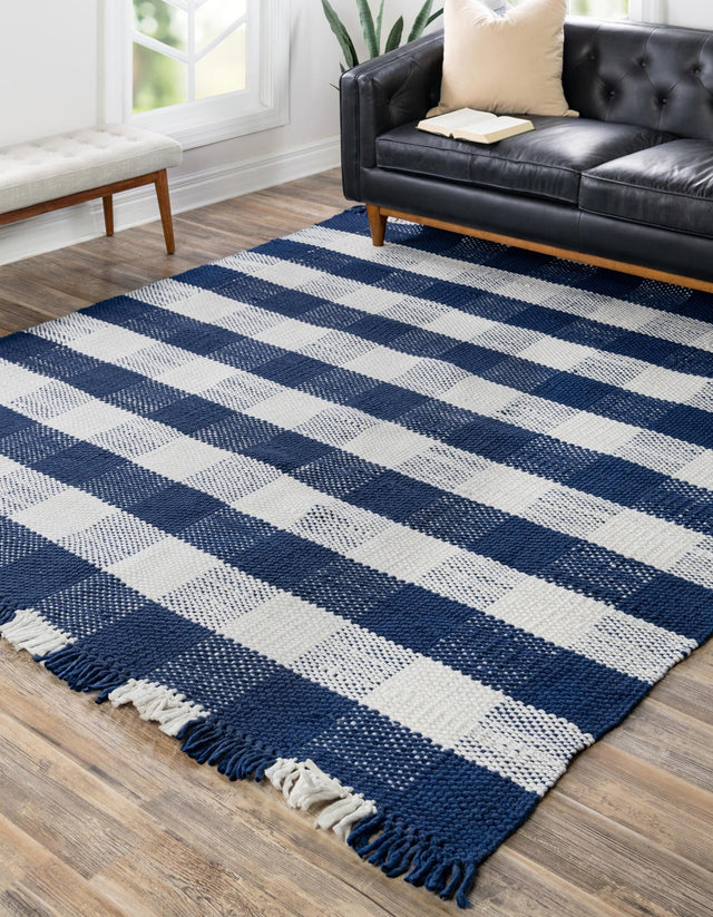 Washable Navy Blue 7' 10 x 7' 10 Eco Plaid Indoor Outdoor Washable Square Area Rug Easy to Clean Stain Resistant & Durable Weather Resistant for Patio, Deck, Terrace, Balcony, Porch 100% Recycled Plastic Bottles Carpet Mat for Sale at Rug Engine
