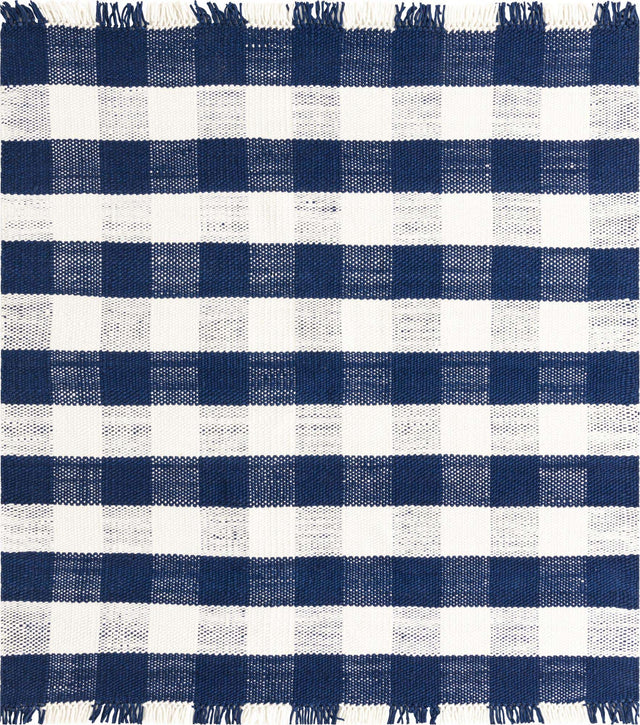 Washable Navy Blue 7' 10 x 7' 10 Eco Plaid Indoor Outdoor Washable Square Area Rug Easy to Clean Stain Resistant & Durable Weather Resistant for Patio, Deck, Terrace, Balcony, Porch 100% Recycled Plastic Bottles Carpet Mat for Sale at Rug Engine