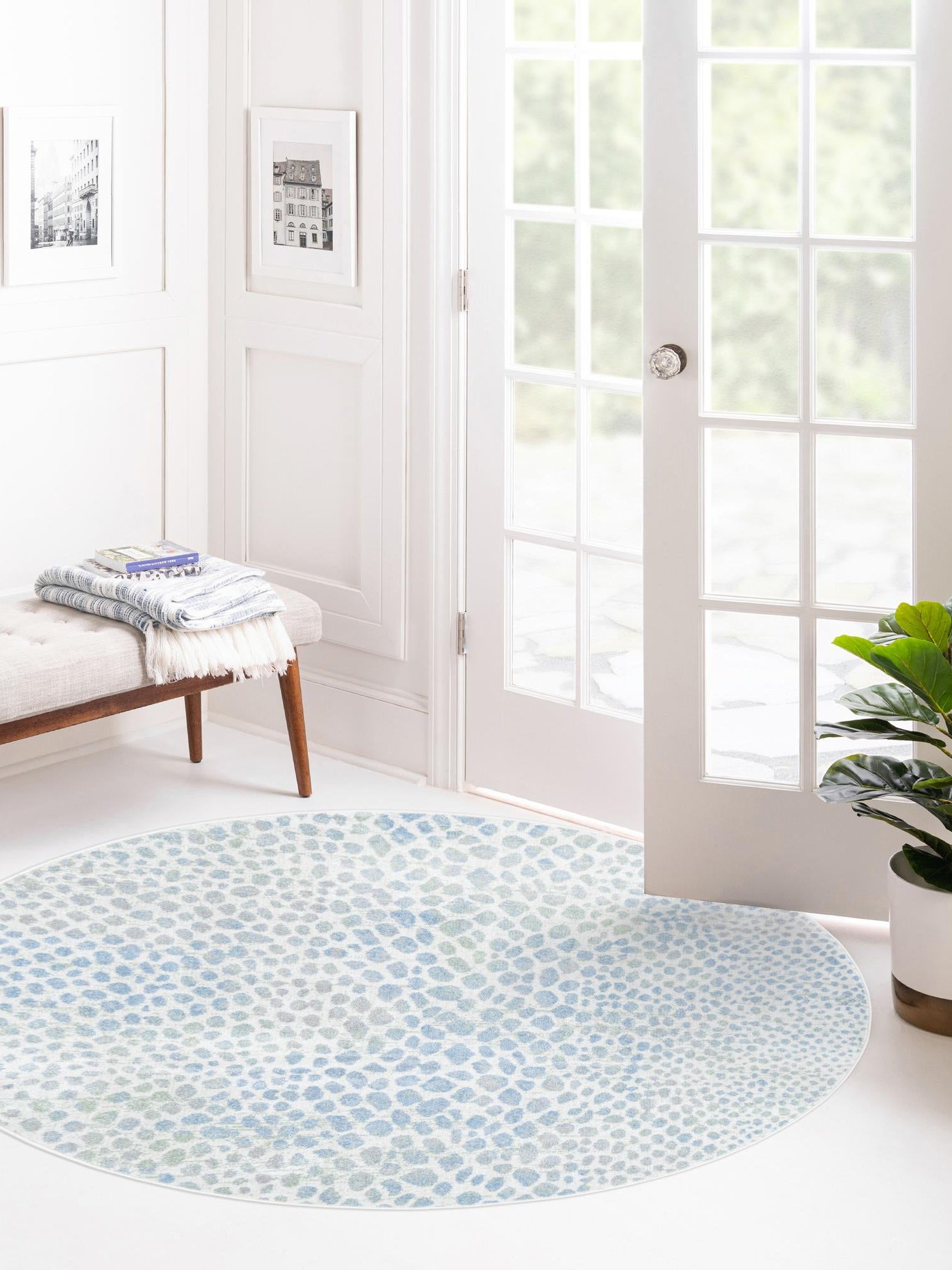 Washable Ivory Blue 3' 3 x 3' 3 Kamala Washable Round Area Rug Easy to Clean Stain Resistant & Durable 100% Polyester Spill-Friendly Carpet for Sale at Rug Engine