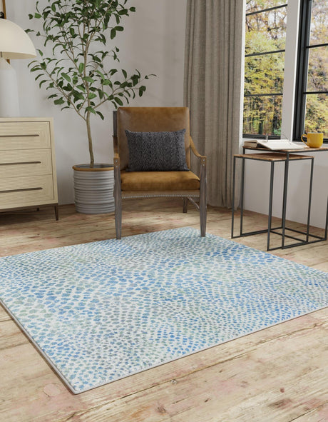 Washable Ivory Blue 5' 3 x 5' 3 Kamala Washable Square Area Rug Easy to Clean Stain Resistant & Durable 100% Polyester Spill-Friendly Carpet for Sale at Rug Engine