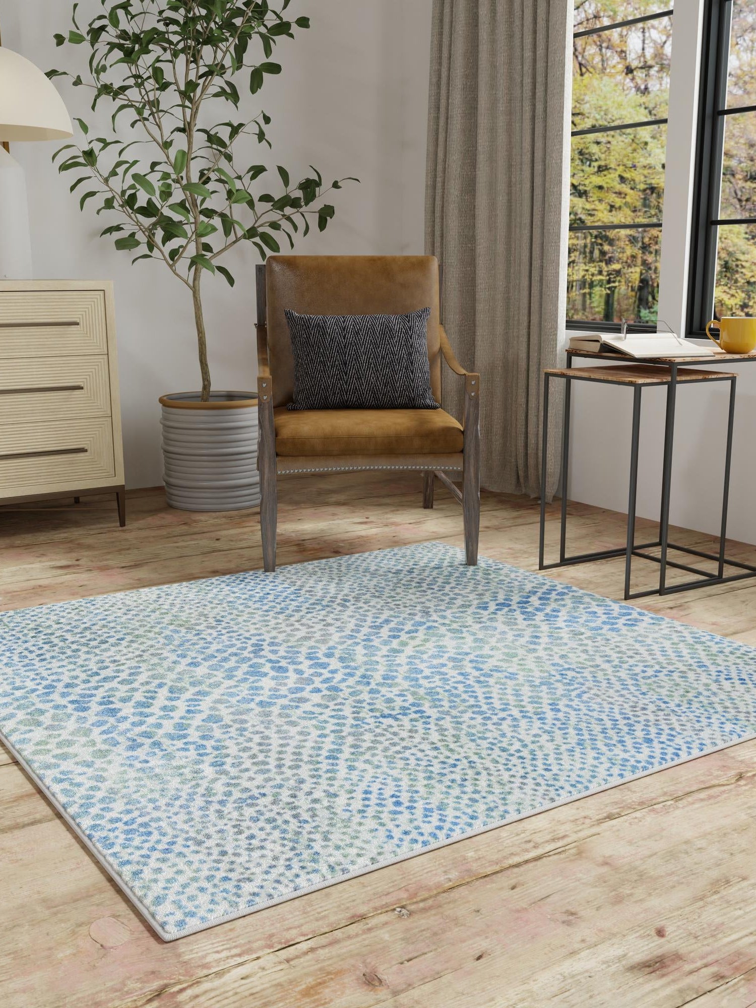 Washable Ivory Blue 7' 10 x 7' 10 Kamala Washable Square Area Rug Easy to Clean Stain Resistant & Durable 100% Polyester Spill-Friendly Carpet for Sale at Rug Engine