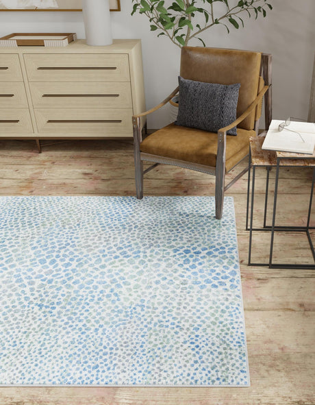 Washable Ivory Blue 5' 3 x 5' 3 Kamala Washable Square Area Rug Easy to Clean Stain Resistant & Durable 100% Polyester Spill-Friendly Carpet for Sale at Rug Engine
