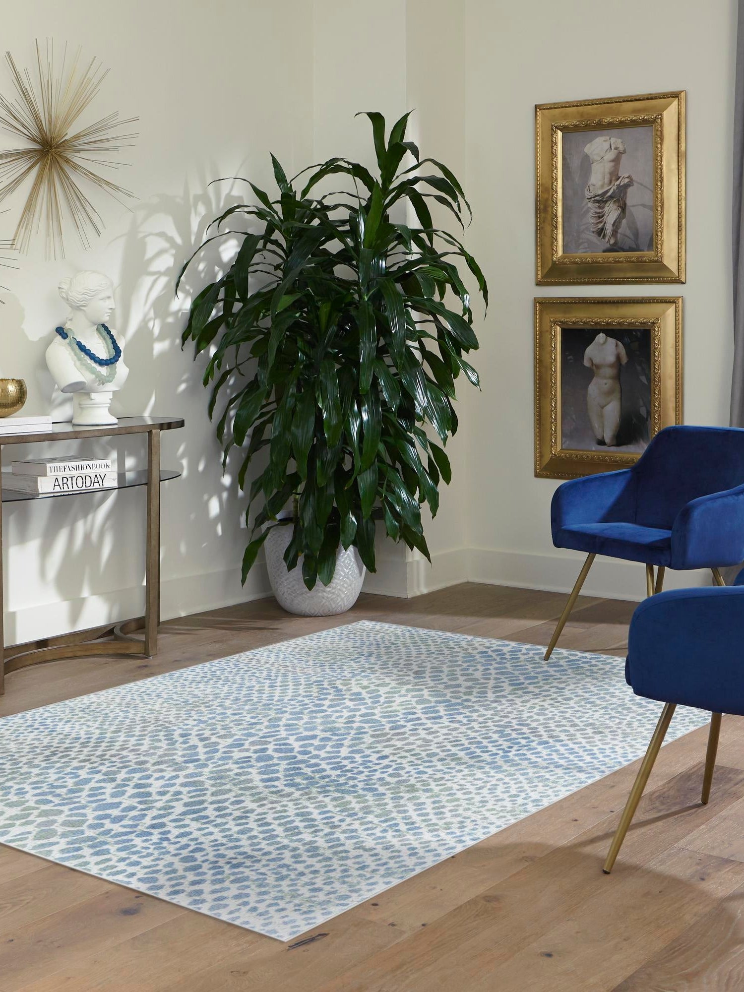 Washable Ivory Blue 5' 3 x 8' Kamala Washable Rectangle Area Rug Easy to Clean Stain Resistant & Durable 100% Polyester Spill-Friendly Carpet for Sale at Rug Engine