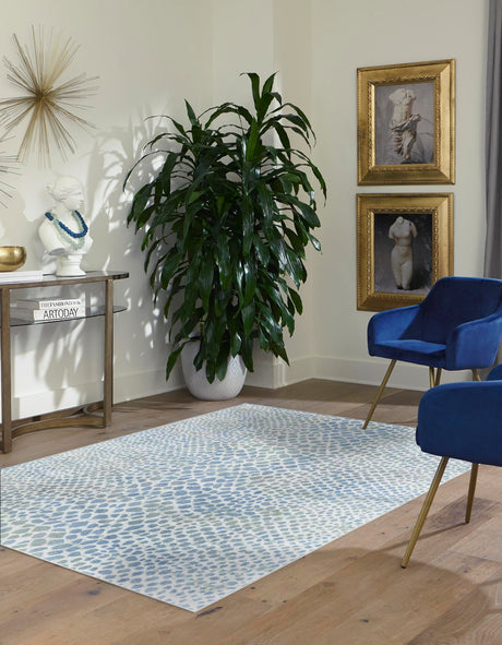Washable Ivory Blue 10' x 14' 1 Kamala Washable Rectangle Area Rug Easy to Clean Stain Resistant & Durable 100% Polyester Spill-Friendly Carpet for Sale at Rug Engine