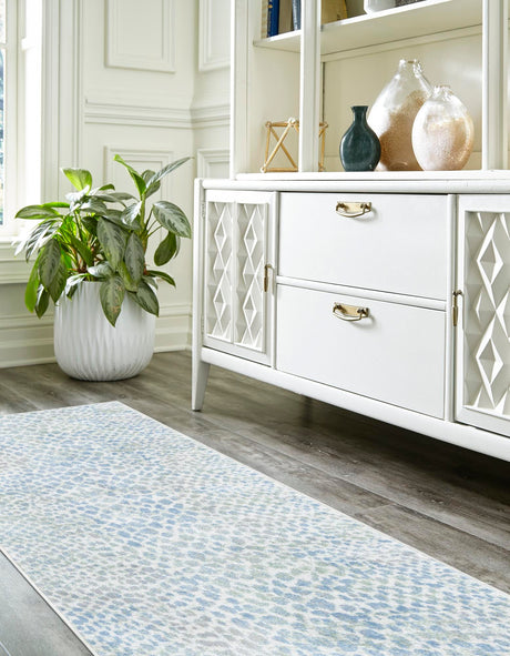 Washable Ivory Blue 2' x 4' 1 Kamala Washable Runner Area Rug Easy to Clean Stain Resistant & Durable 100% Polyester Spill-Friendly Carpet for Sale at Rug Engine