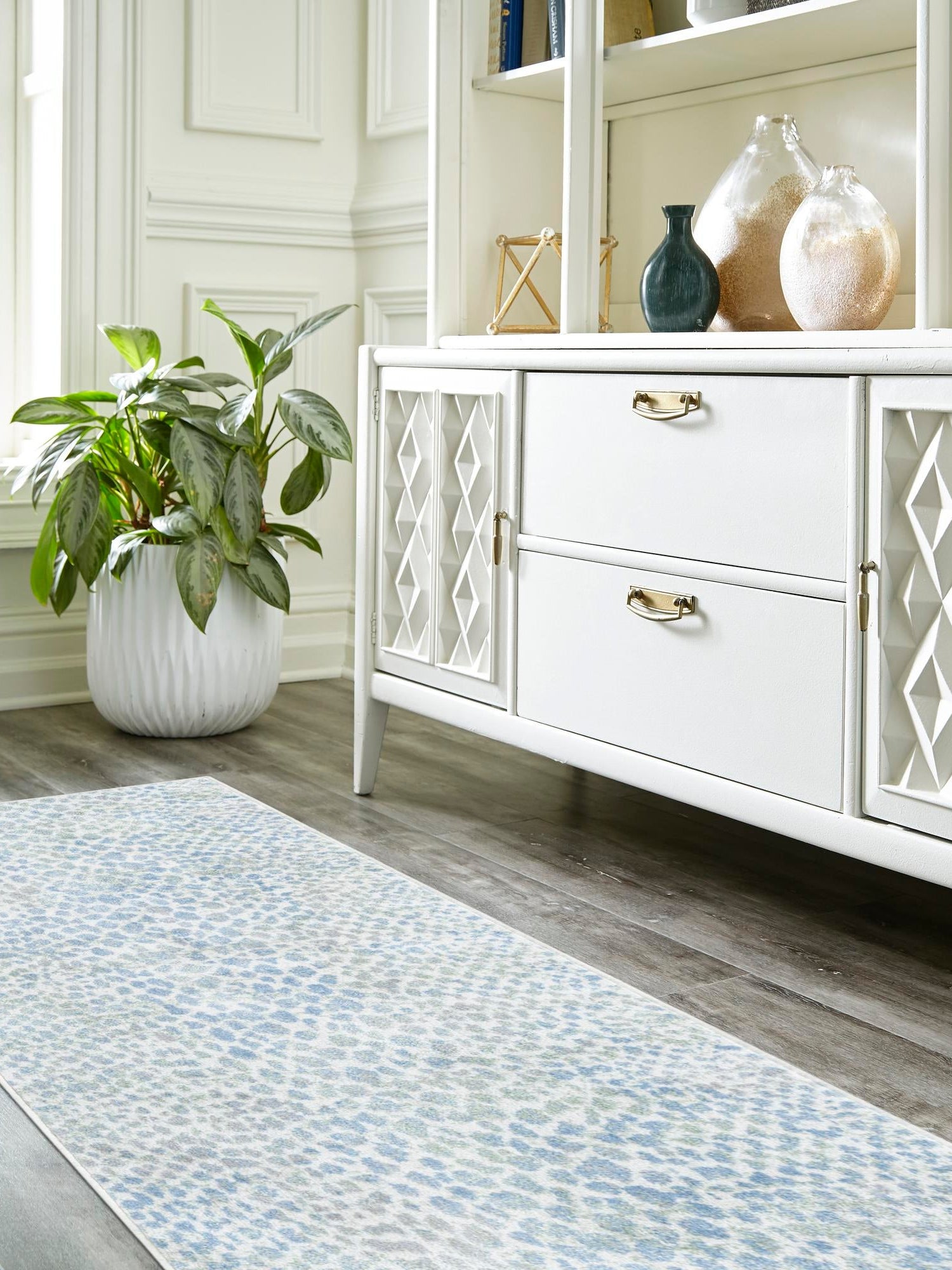 Washable Ivory Blue 2' x 6' 1 Kamala Washable Runner Area Rug Easy to Clean Stain Resistant & Durable 100% Polyester Spill-Friendly Carpet for Sale at Rug Engine