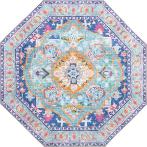 Washable Blue 5' 3 x 5' 3 Timeless Octagon Area Rug Easy to Clean Stain Resistant & Durable Traditional Classic Vintage Design Carpet for Sale at Rug Engine