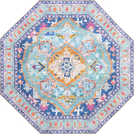 Blue 5' 3 x 5' 3 Timeless Washable Octagon Rug