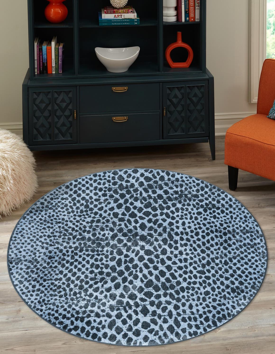 Washable Navy Blue 7' 10 x 7' 10 Kamala Washable Round Area Rug Easy to Clean Stain Resistant & Durable 100% Polyester Spill-Friendly Carpet for Sale at Rug Engine