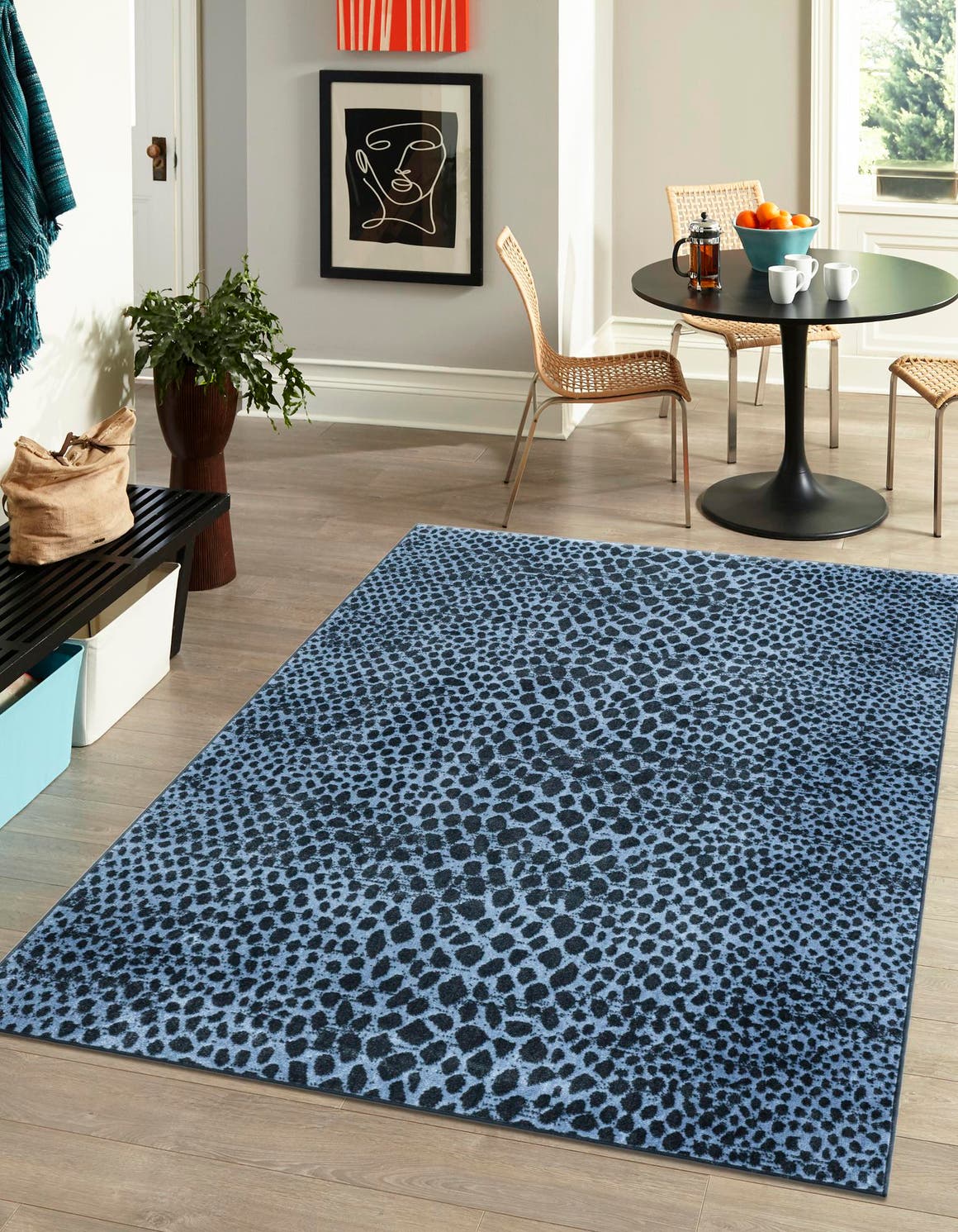 Washable Navy Blue 4' 1 x 6' 1 Kamala Washable Rectangle Area Rug Easy to Clean Stain Resistant & Durable 100% Polyester Spill-Friendly Carpet for Sale at Rug Engine
