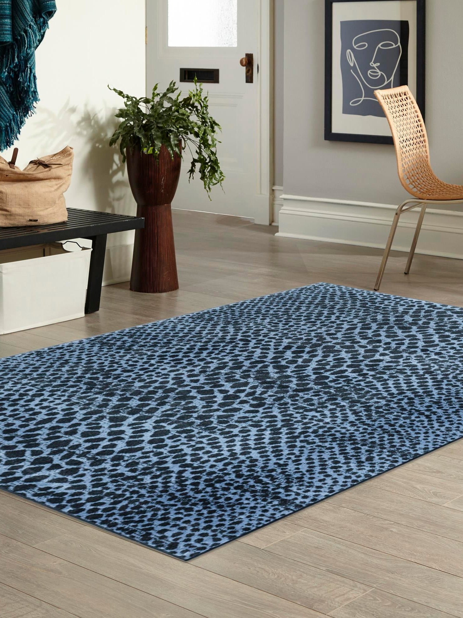 Washable Navy Blue 5' 3 x 8' Kamala Washable Rectangle Area Rug Easy to Clean Stain Resistant & Durable 100% Polyester Spill-Friendly Carpet for Sale at Rug Engine
